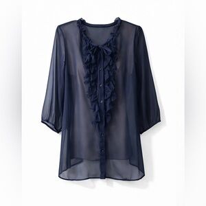 🦋 Sheer, Ruffle Navy Button Down Blouse